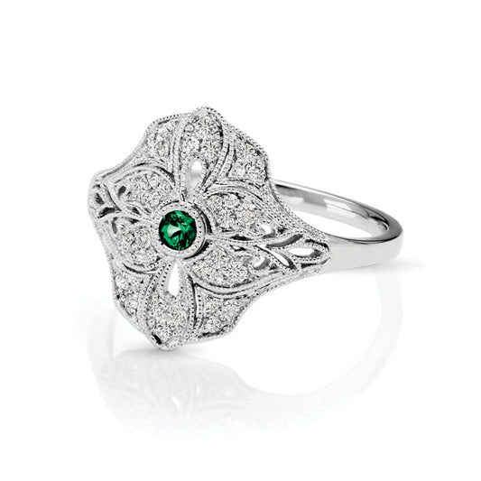 14kt Gold 1/5 ct tw Vintage Ring F VS Diamonds Emerald Center